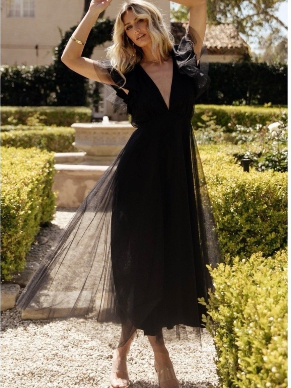 Baltic Born Black V-Neck Tulle Maxi Dress